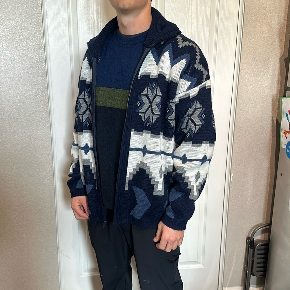 Vintage holiday sweater zip up comfort knits men’s large winter snow Aztec blue
